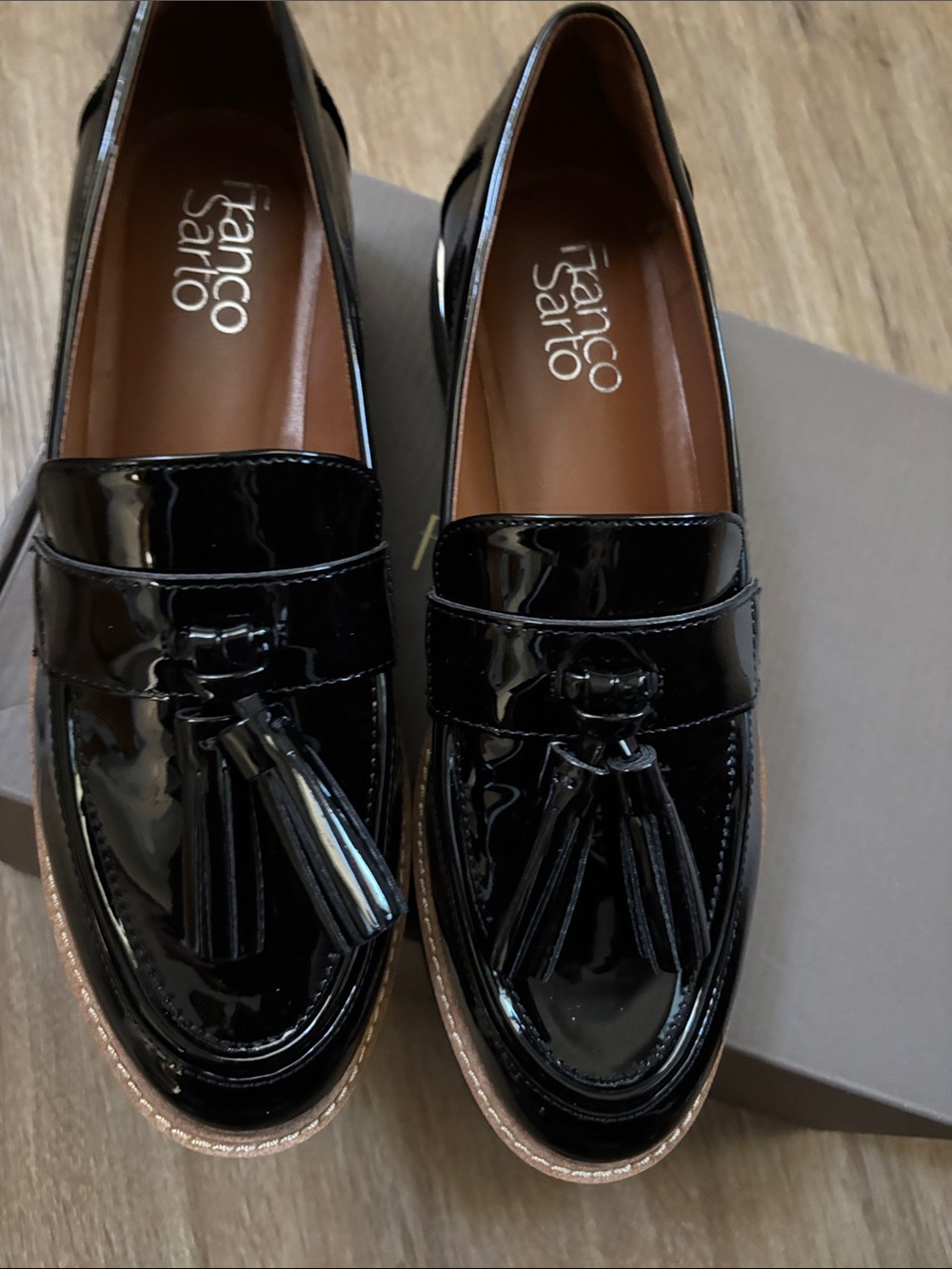 Franco Sarto Men’s Black Patent Tassel Loafers with Contrast Trim